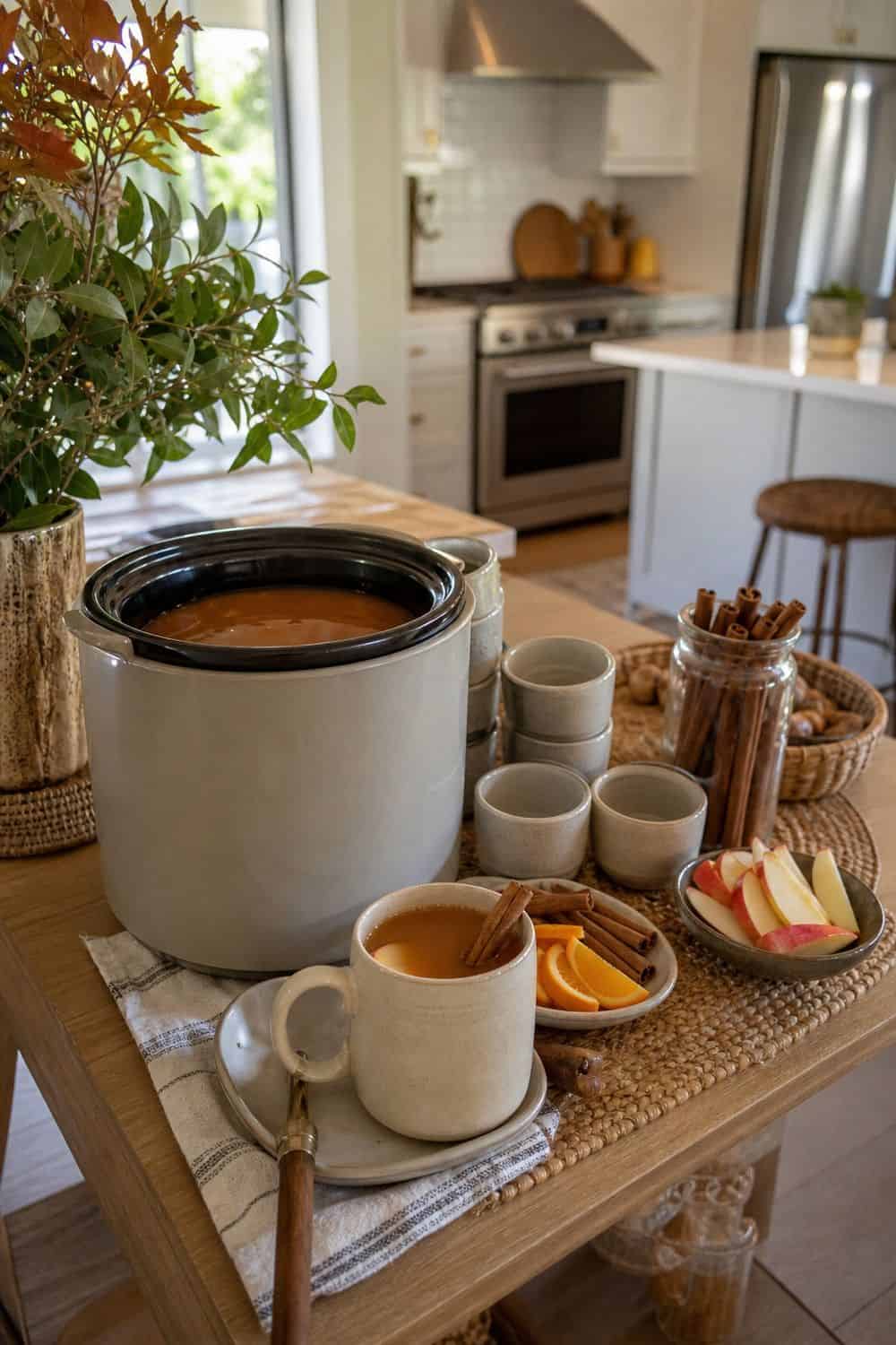 An apple cider drink zone set away from the stove with mugs and garnishes.