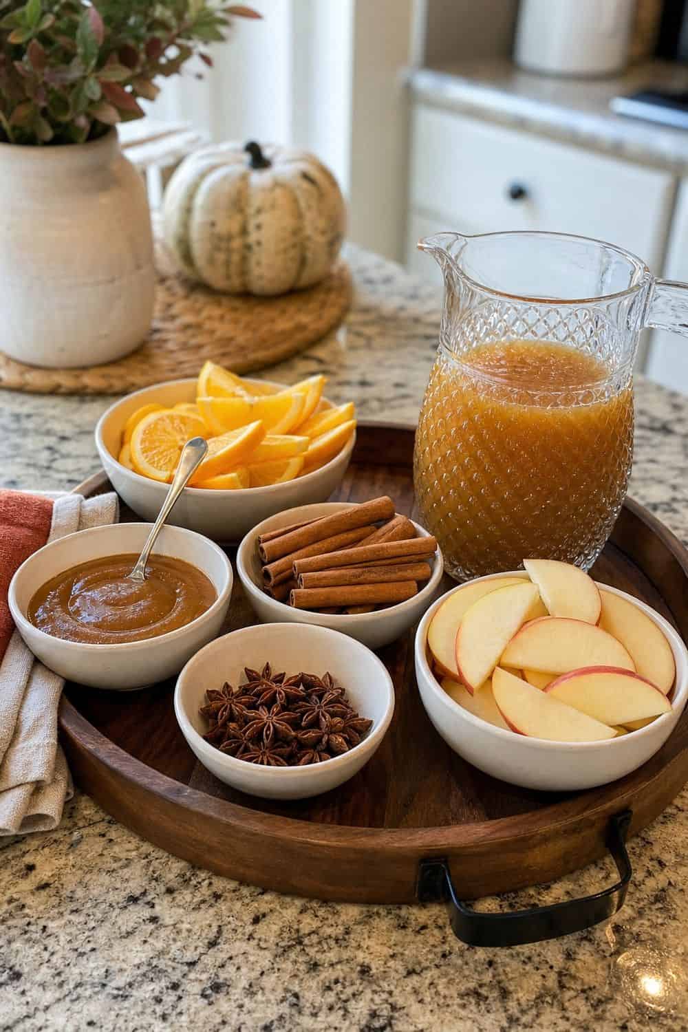 Apple cider mix-ins arranged in bowls before guests arrive.