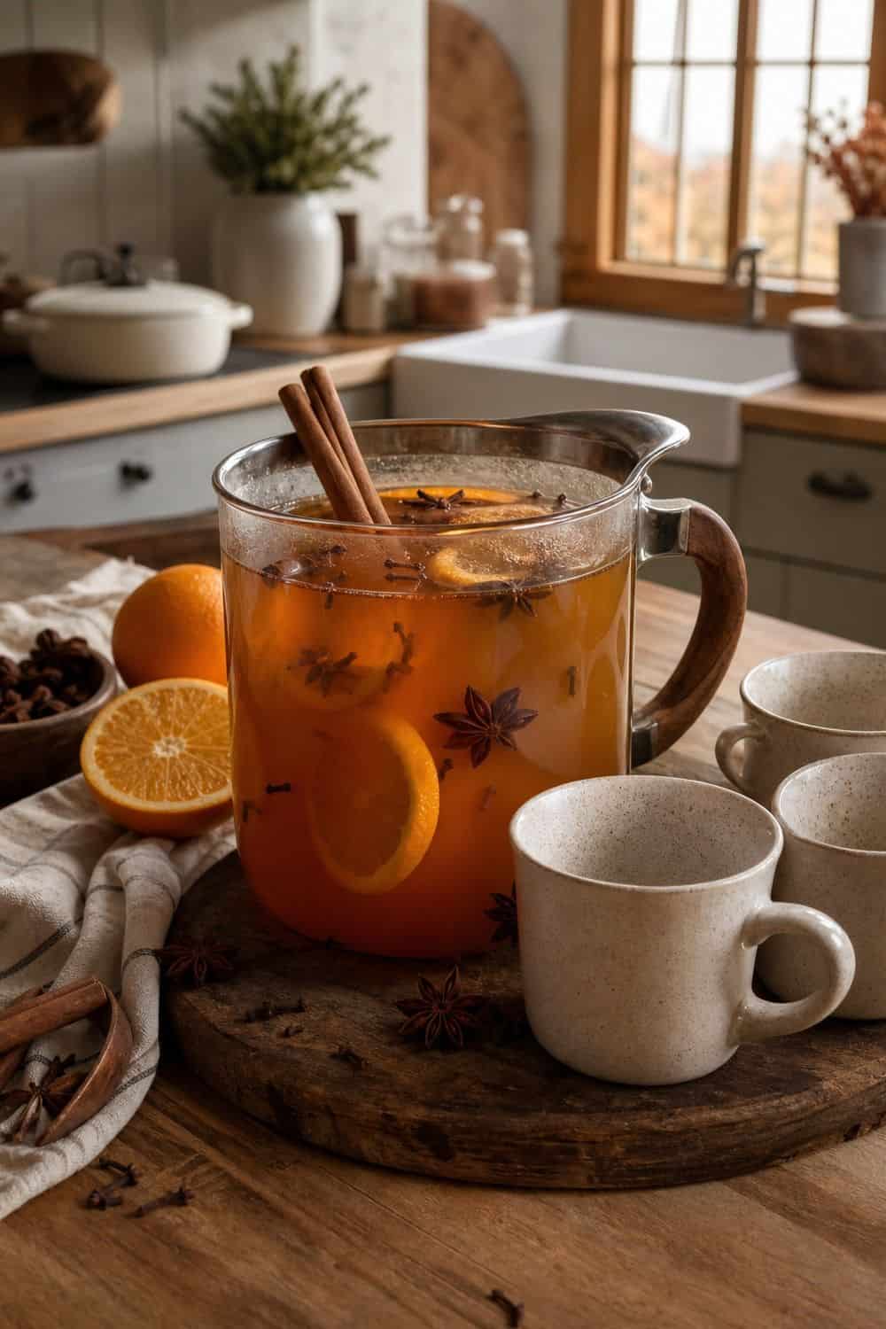 One signature spiced cider with orange slices and cinnamon sticks.
