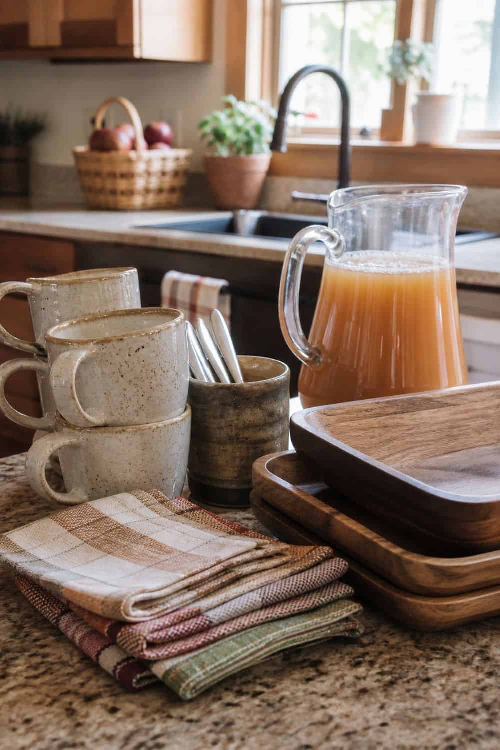 Mugs, spoons, trays, and napkins pulled early beside apple cider.