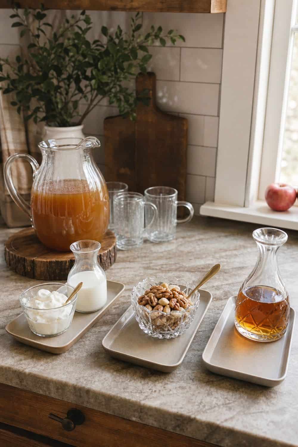 Dairy, nuts, and alcohol add-ins kept separate for an apple cider bar.