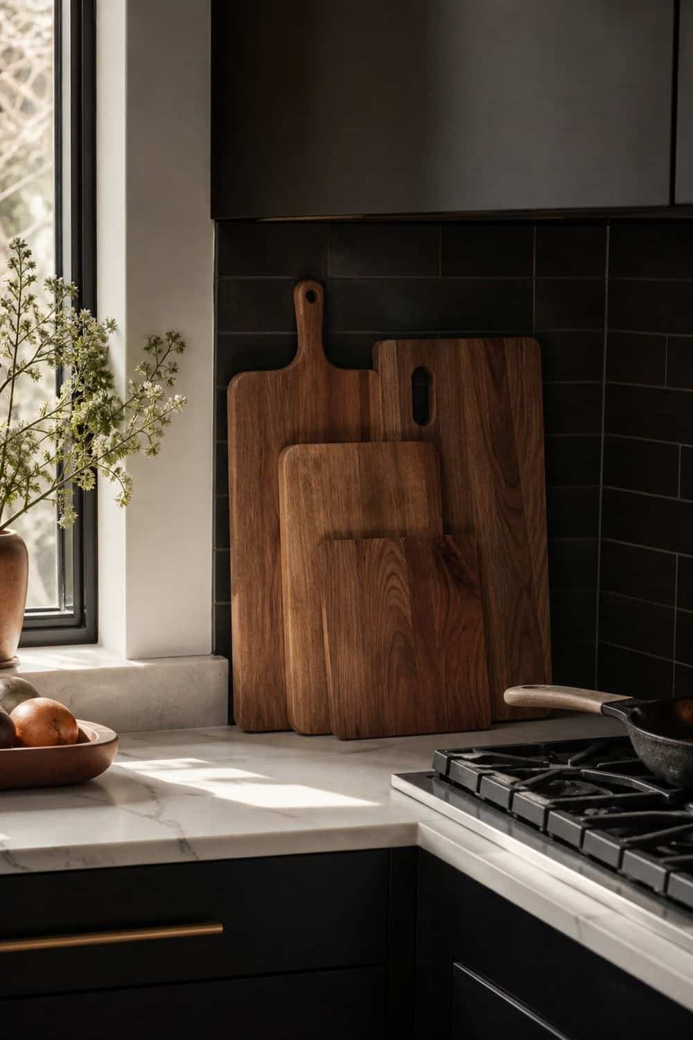 25 Black Kitchen Ideas for a Beautiful Kitchen 5. Layer Walnut Boards shown in a warm black kitchen with practical home styling