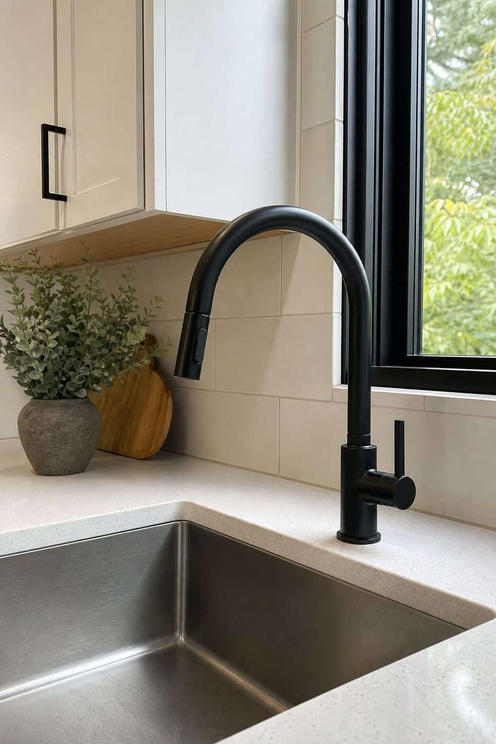 25 Black Kitchen Ideas for a Beautiful Kitchen 7. Use a Black Faucet shown in a warm black kitchen with practical home styling