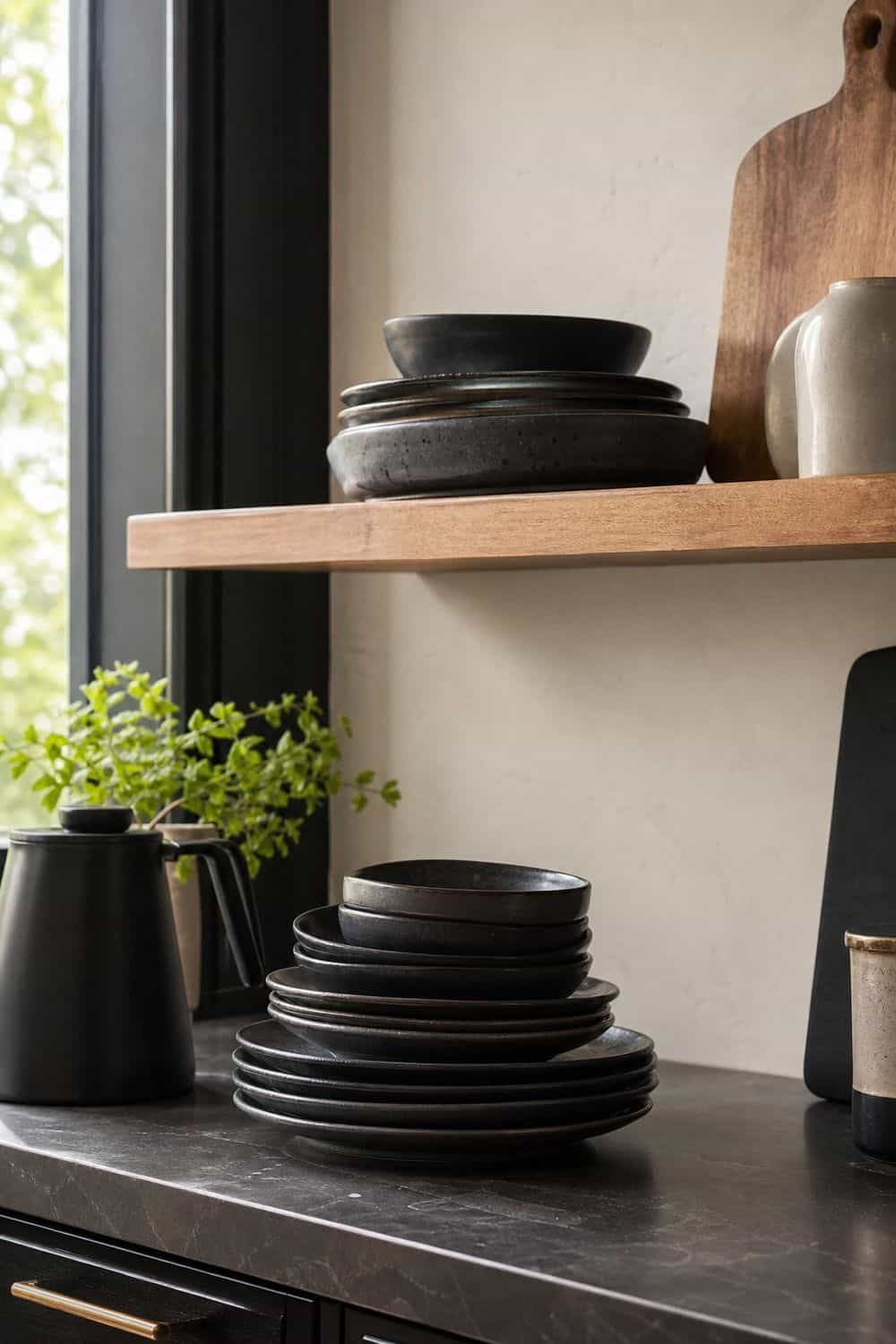 25 Black Kitchen Ideas for a Beautiful Kitchen 9. Use Stoneware Dishes shown in a warm black kitchen with practical home styling