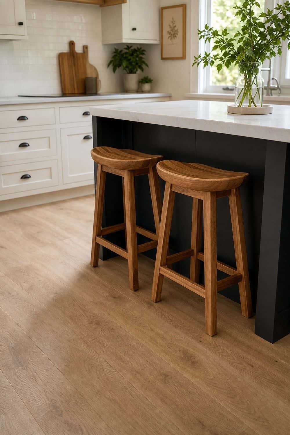 25 Black Kitchen Ideas for a Beautiful Kitchen 12. Add Wood Stools shown in a warm black kitchen with practical home styling