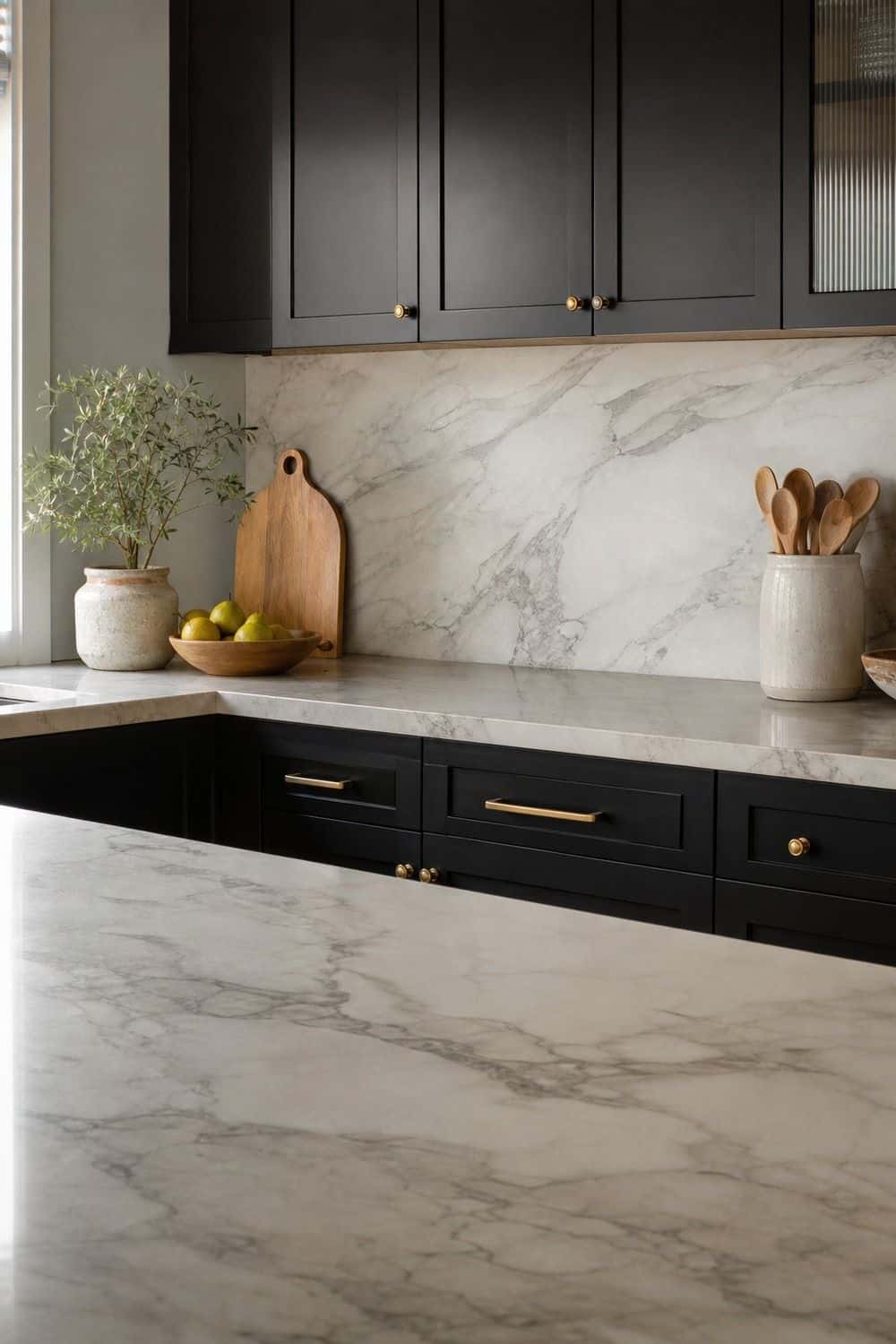 25 Black Kitchen Ideas for a Beautiful Kitchen 15. Pair with Marble shown in a warm black kitchen with practical home styling