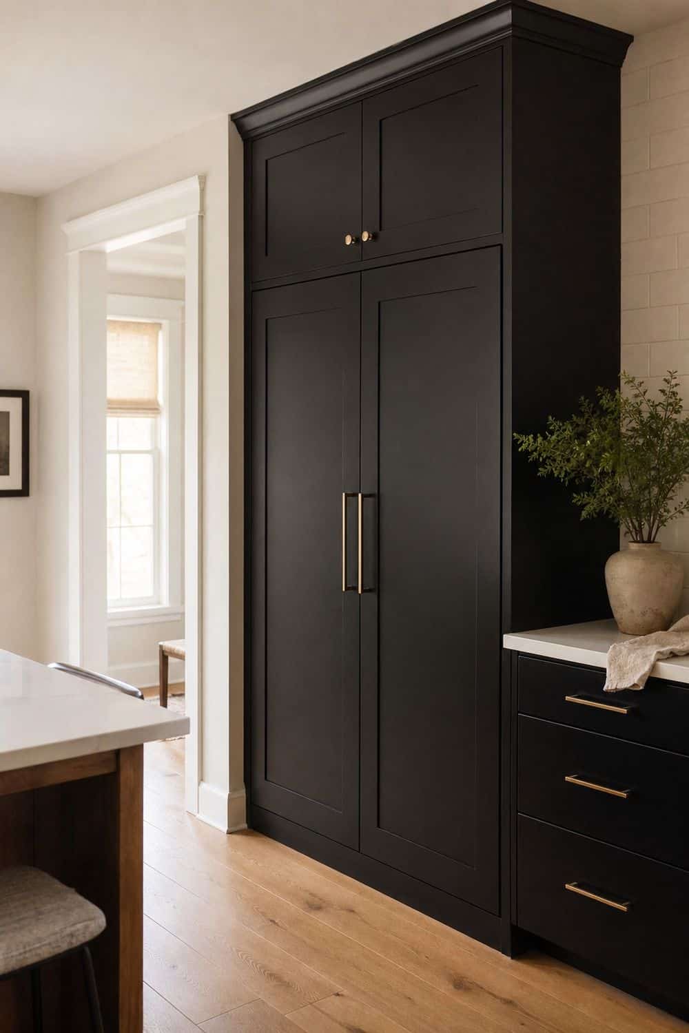 25 Black Kitchen Ideas for a Beautiful Kitchen 18. Create a Black Pantry shown in a warm black kitchen with practical home styling