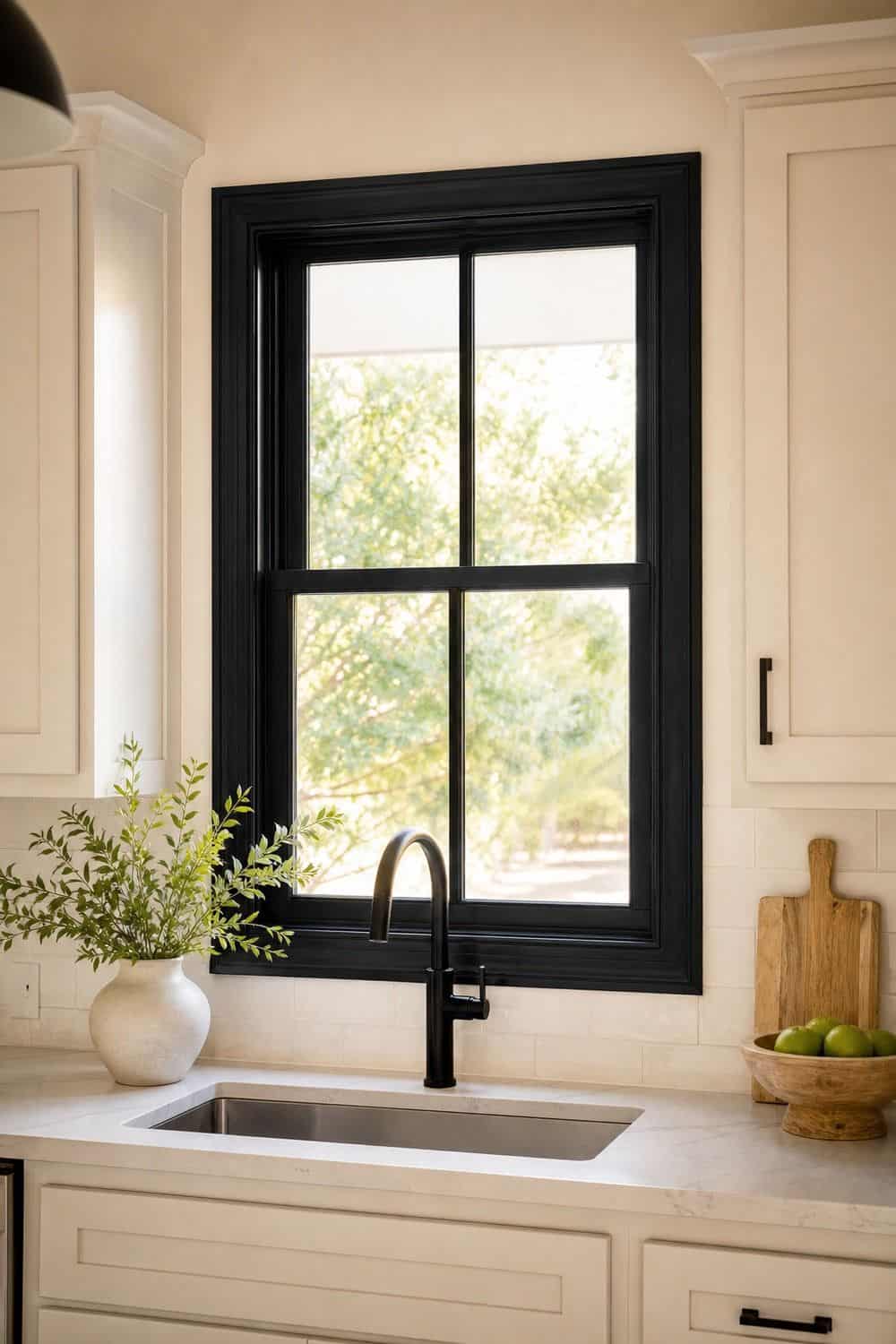 25 Black Kitchen Ideas for a Beautiful Kitchen 19. Use Black Window Trim shown in a warm black kitchen with practical home styling
