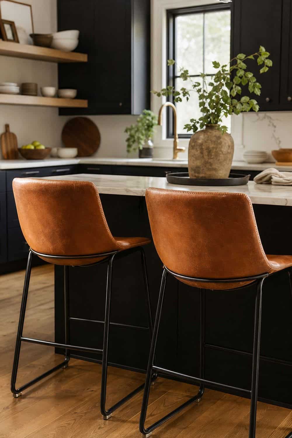 25 Black Kitchen Ideas for a Beautiful Kitchen 20. Add Leather Seating shown in a warm black kitchen with practical home styling