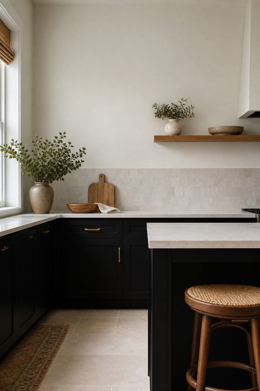 25 Black Kitchen Ideas for a Beautiful Kitchen 21. Balance Black With Open Wall Space shown in a warm black kitchen with practical home styling