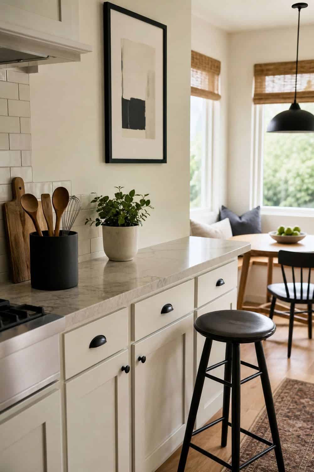 25 Black Kitchen Ideas for a Beautiful Kitchen 22. Use Low-Commitment Black Details shown in a warm black kitchen with practical home styling