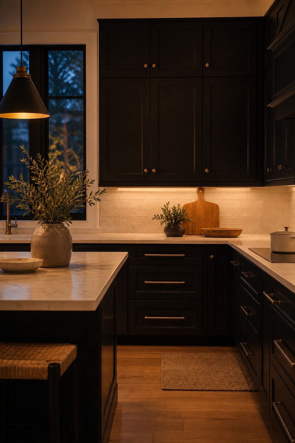 25 Black Kitchen Ideas for a Beautiful Kitchen 24. Avoid Cold Lighting shown in a warm black kitchen with practical home styling