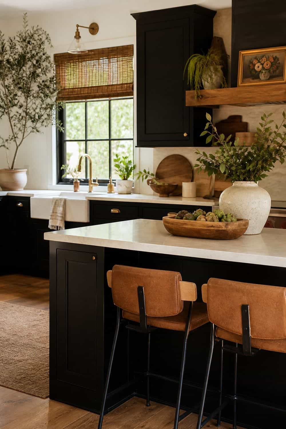 25 Black Kitchen Ideas for a Beautiful Kitchen 25. Keep It Warm shown in a warm black kitchen with practical home styling