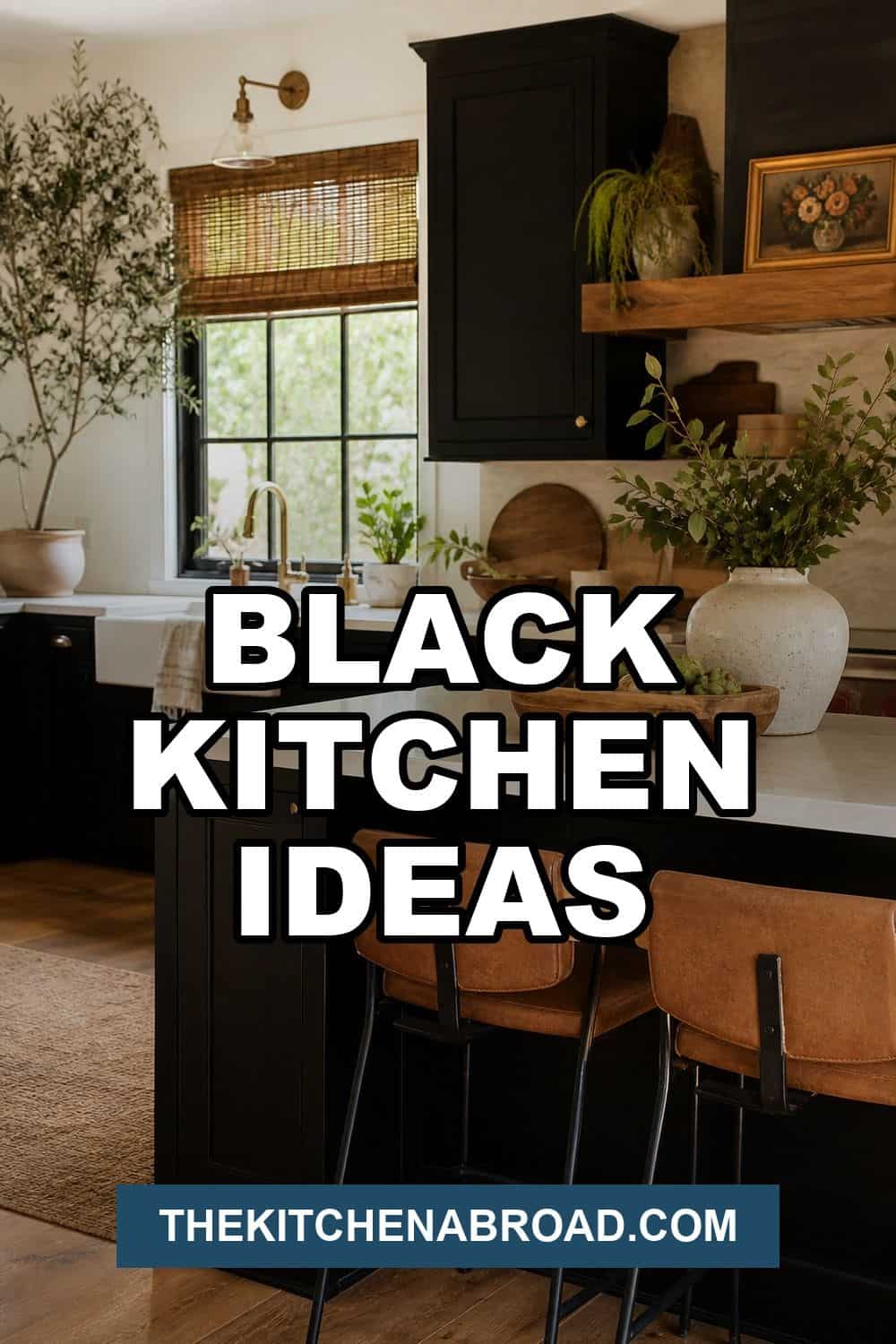 Pinterest pin for black kitchen ideas with warm black kitchen styling