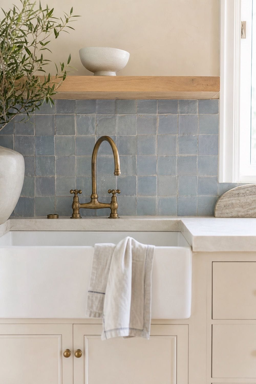 25 Blue Zellige Kitchen Ideas: Shades, Grout and Pairings Powder blue zellige backsplash with cream cabinets