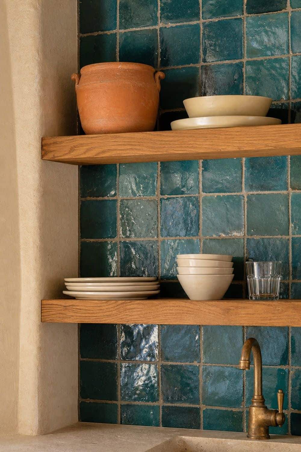25 Blue Zellige Kitchen Ideas: Shades, Grout and Pairings Teal-blue zellige wall with terracotta and brass accents