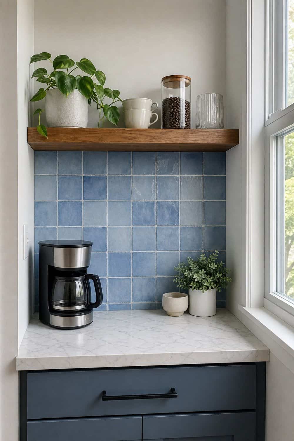 25 Blue Zellige Kitchen Ideas: Shades, Grout and Pairings Peel-and-stick zellige-look panels on a small coffee nook wall