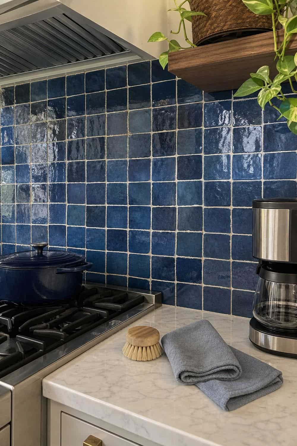 25 Blue Zellige Kitchen Ideas: Shades, Grout and Pairings Blue zellige backsplash kept clean with gentle tools