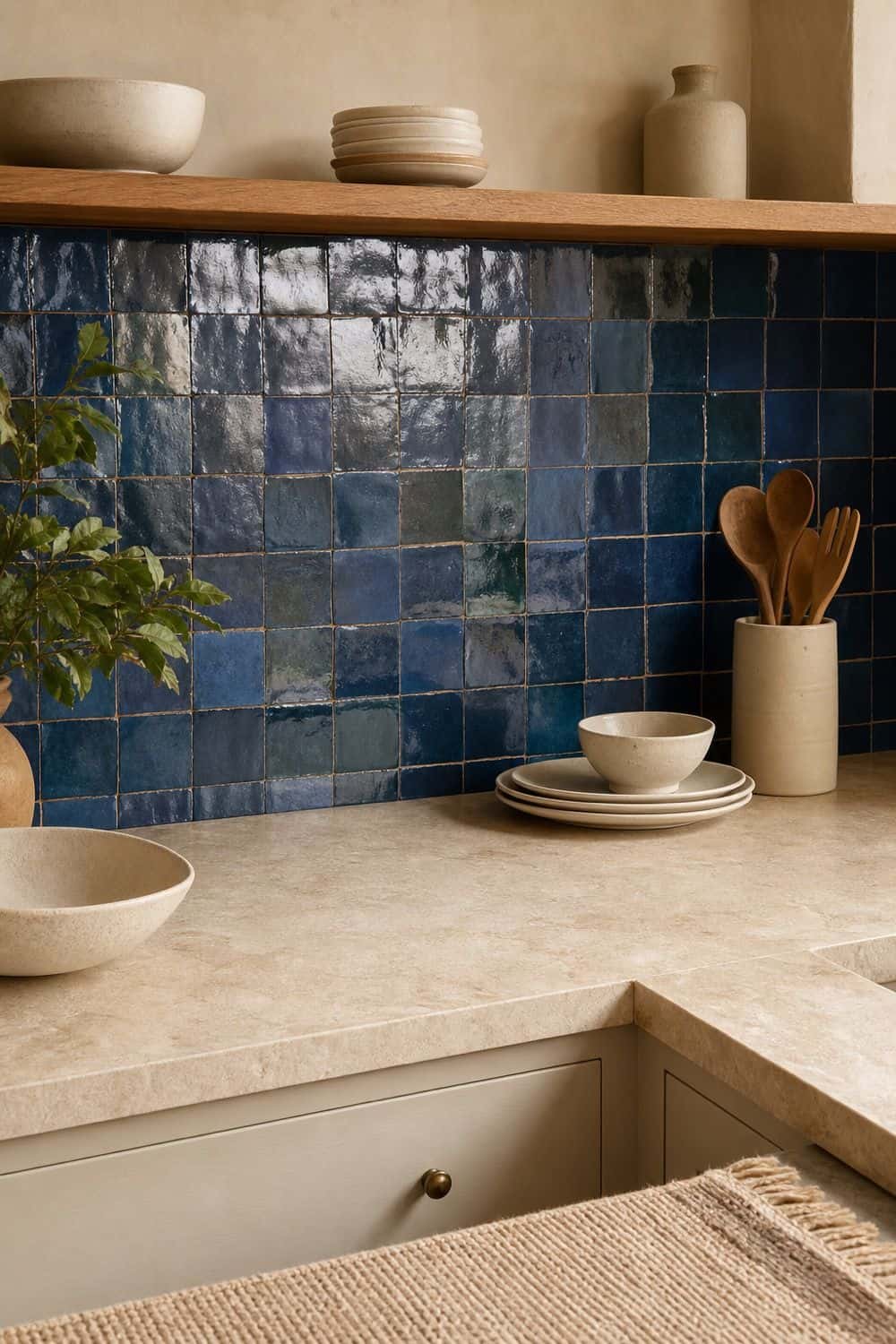 25 Blue Zellige Kitchen Ideas: Shades, Grout and Pairings Blue zellige backsplash with plain counters and a simple runner