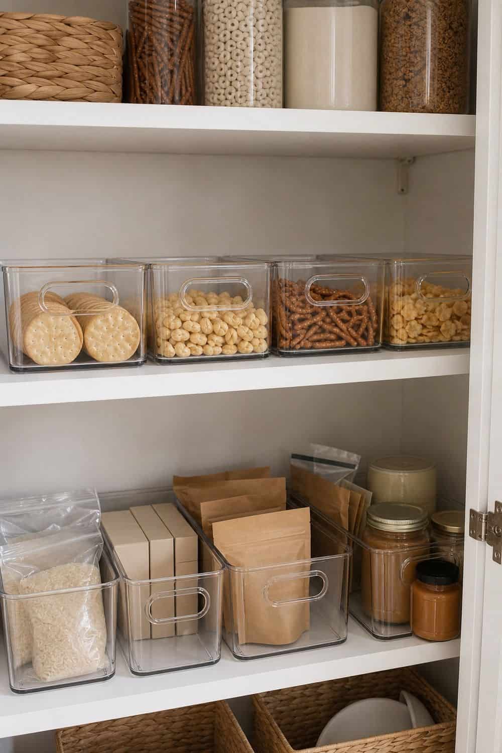25 Budget Kitchen Organization Ideas for a Tidier Kitchen 3. Matching Clear Bins One Shelf at a Time