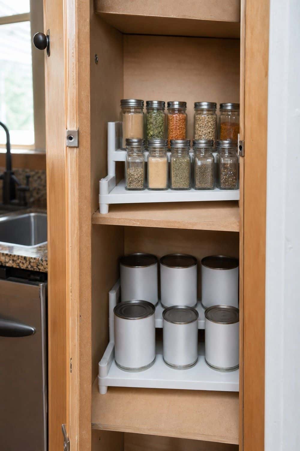 25 Budget Kitchen Organization Ideas for a Tidier Kitchen 4. Tiered Risers for Cans and Spices
