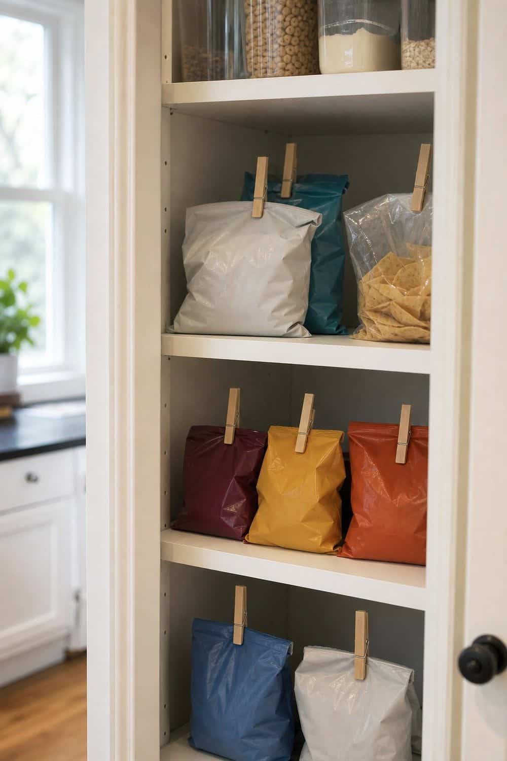 25 Budget Kitchen Organization Ideas for a Tidier Kitchen 8. Wooden Clothespins for Open Bags