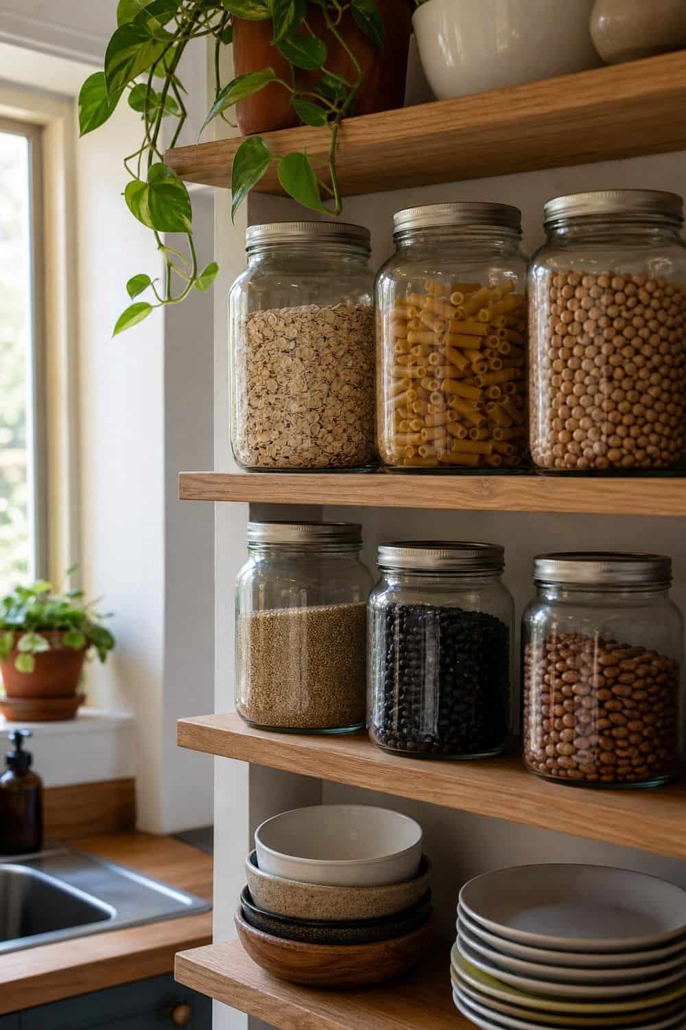 25 Budget Kitchen Organization Ideas for a Tidier Kitchen 9. Reused Glass Jars for Refilled Dry Goods
