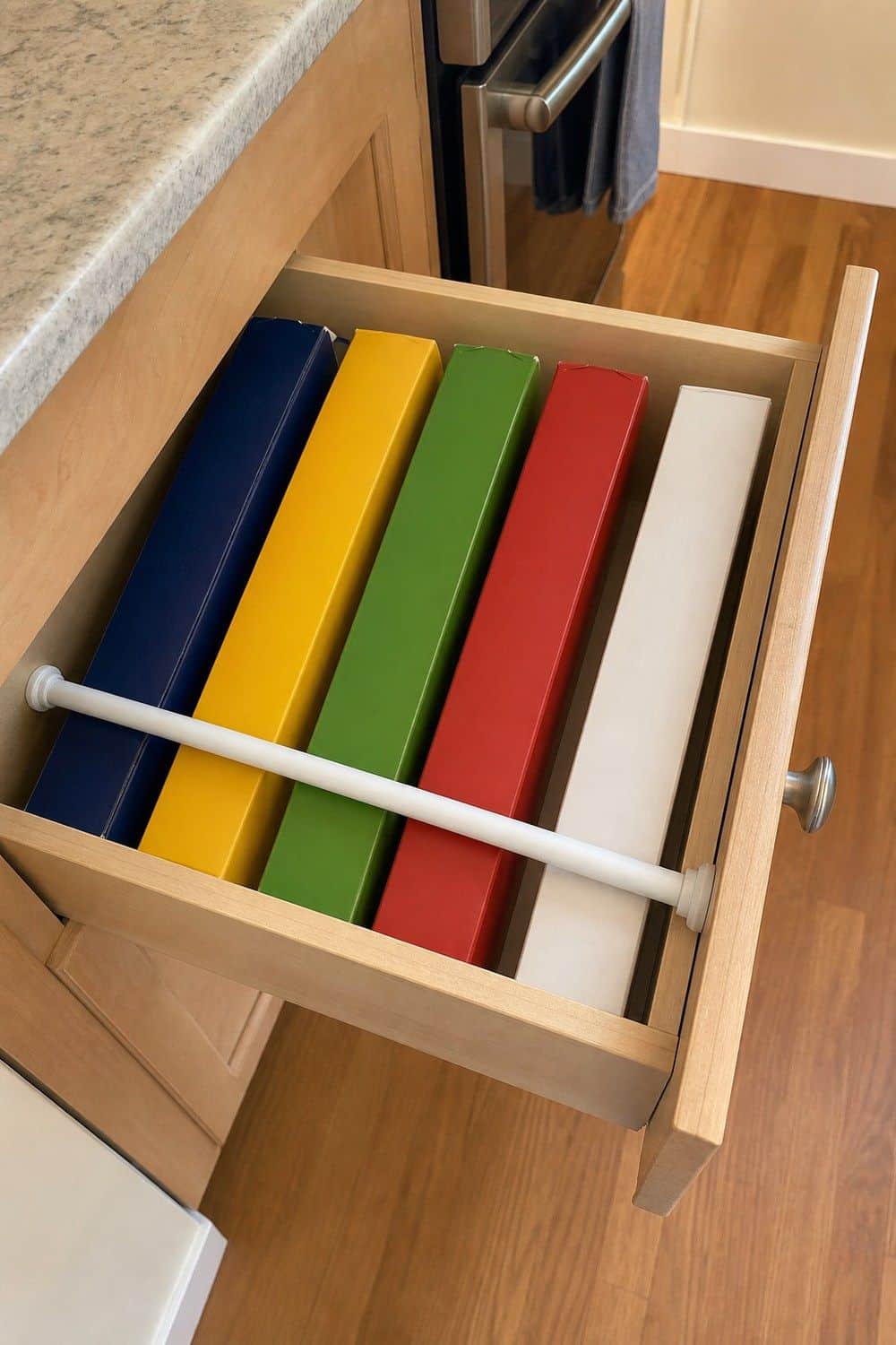 25 Budget Kitchen Organization Ideas for a Tidier Kitchen 14. Tension Rod for Wrap Boxes