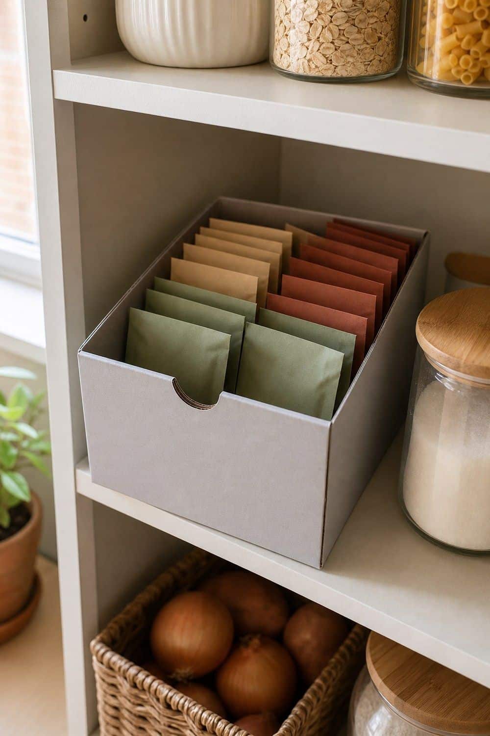 25 Budget Kitchen Organization Ideas for a Tidier Kitchen 18. Shoebox Packet Bin