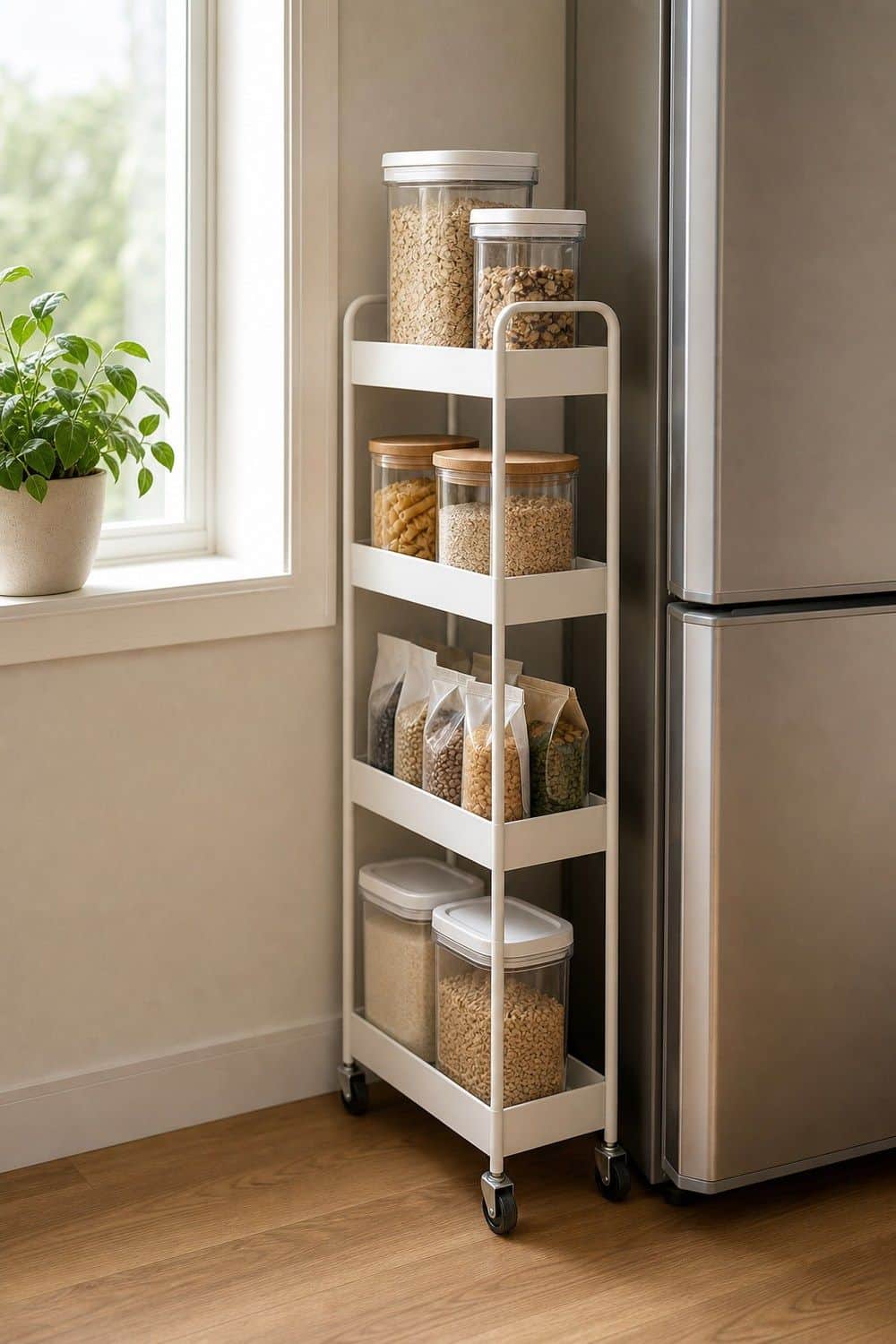 25 Budget Kitchen Organization Ideas for a Tidier Kitchen 21. Slim Cart for Overflow With a Job