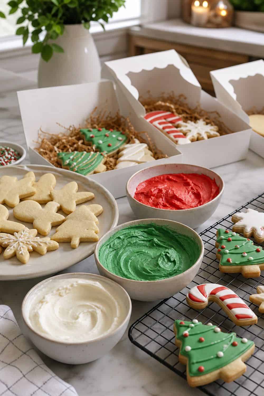 25 Christmas Cookie Decorating Party Ideas for Easy Hosting Royal Icing for Take-Home Cookies setup for a Christmas cookie decorating party