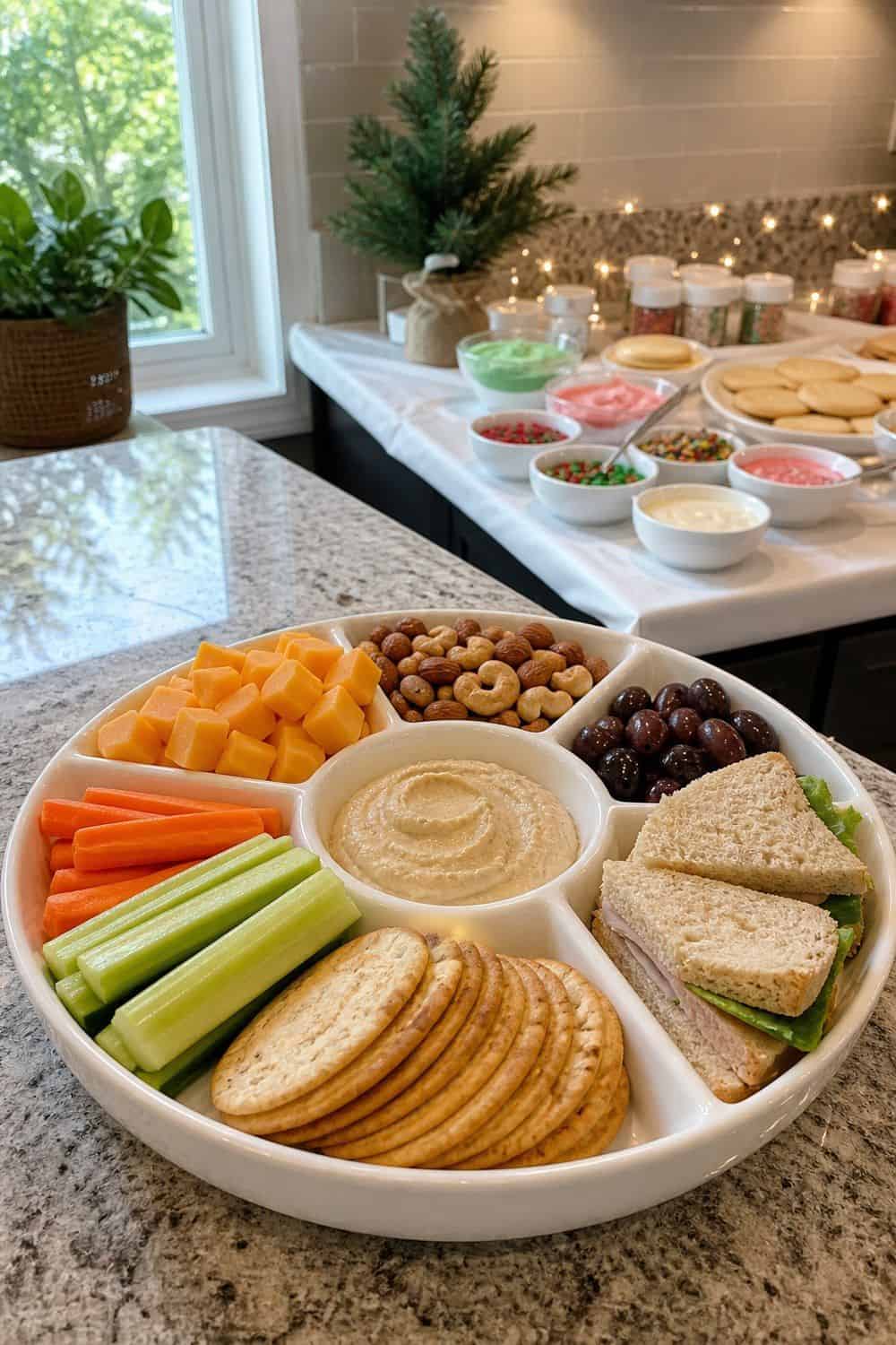 25 Christmas Cookie Decorating Party Ideas for Easy Hosting Savory Snack Before the Sugar Starts setup for a Christmas cookie decorating party