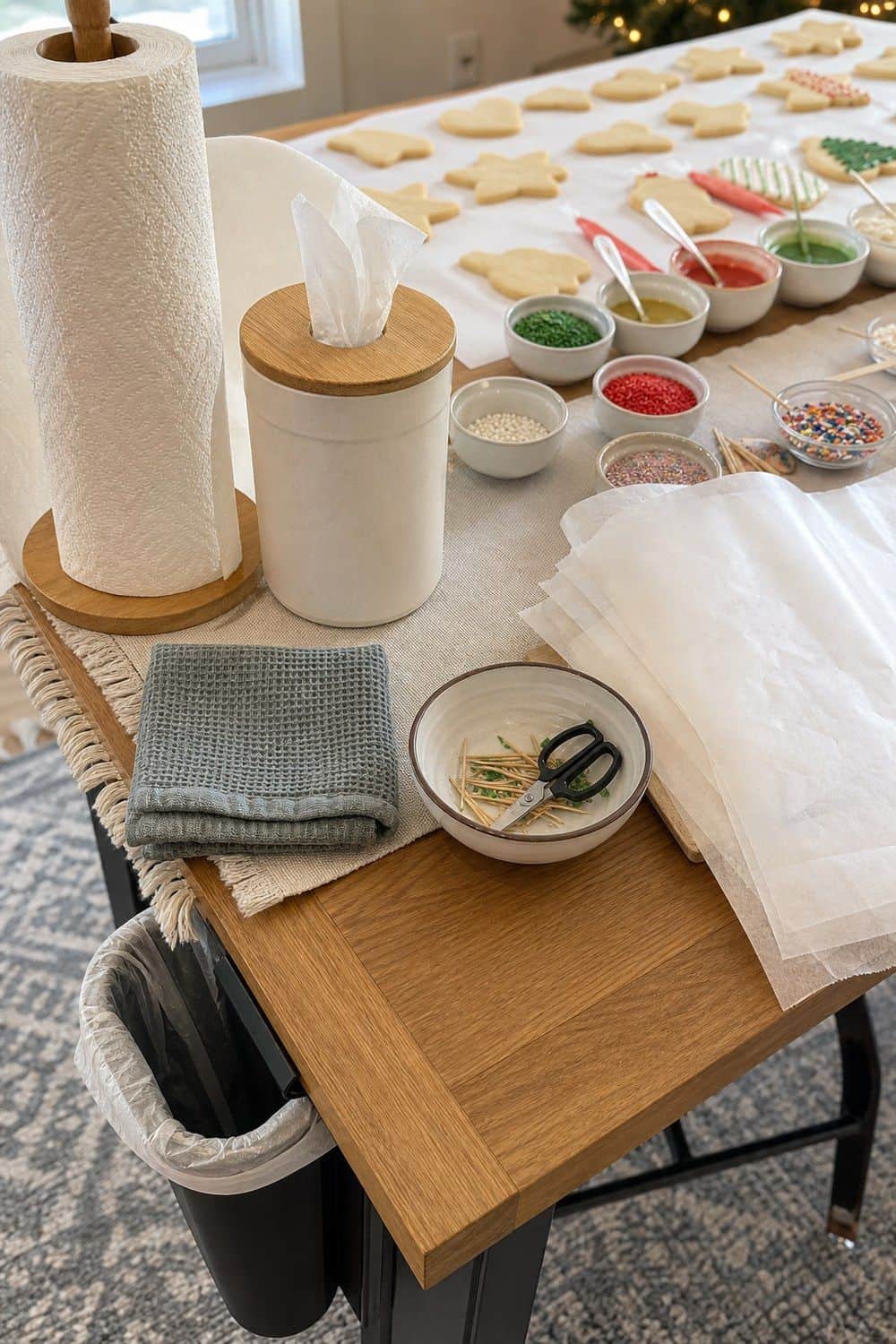 25 Christmas Cookie Decorating Party Ideas for Easy Hosting Cleanup Wipes and Trash Kept Visible setup for a Christmas cookie decorating party