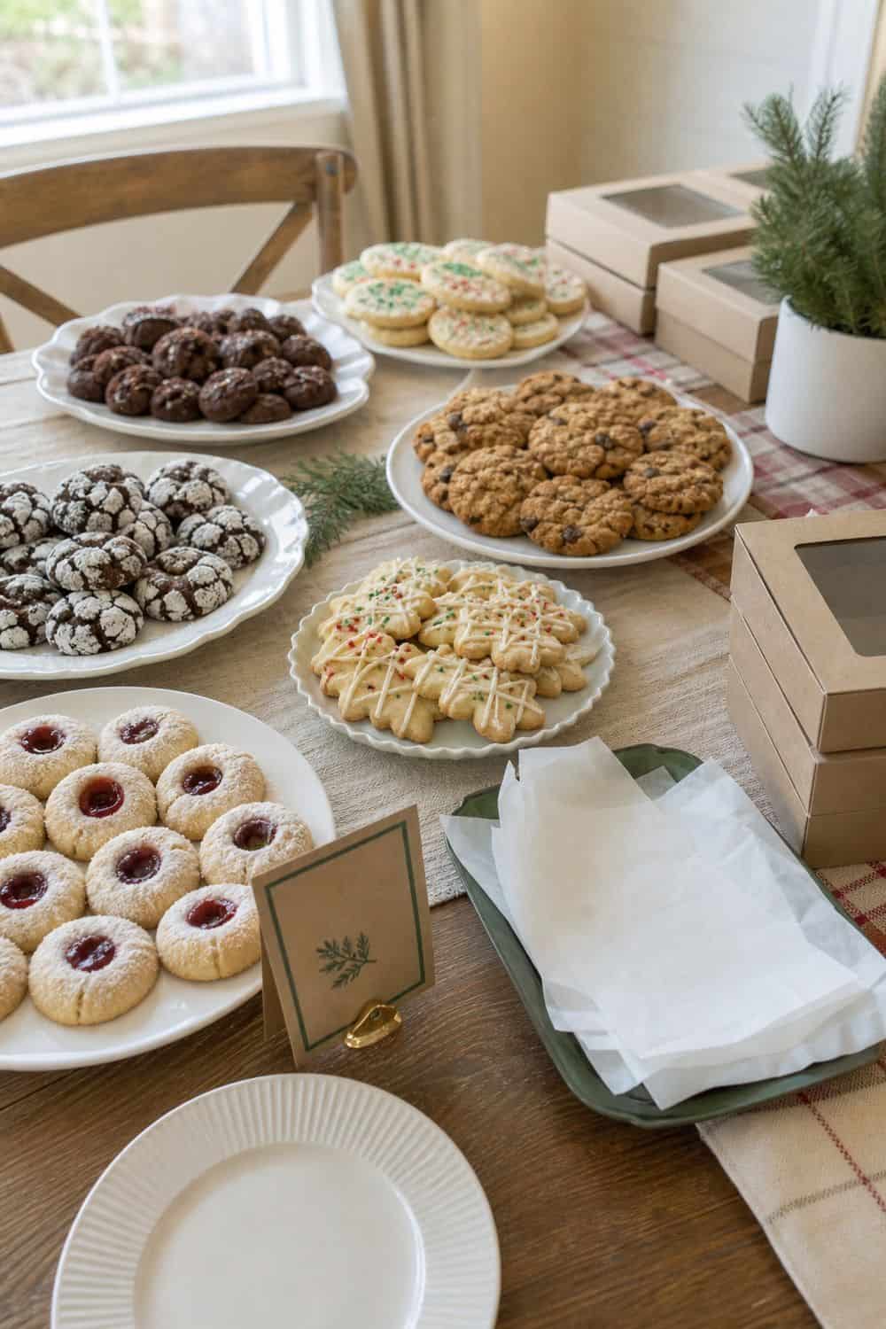 25 Christmas Cookie Party Hosting Ideas for Easy Hosting Cookie Exchange or Cookie Tasting First setup for a Christmas cookie party hosting table