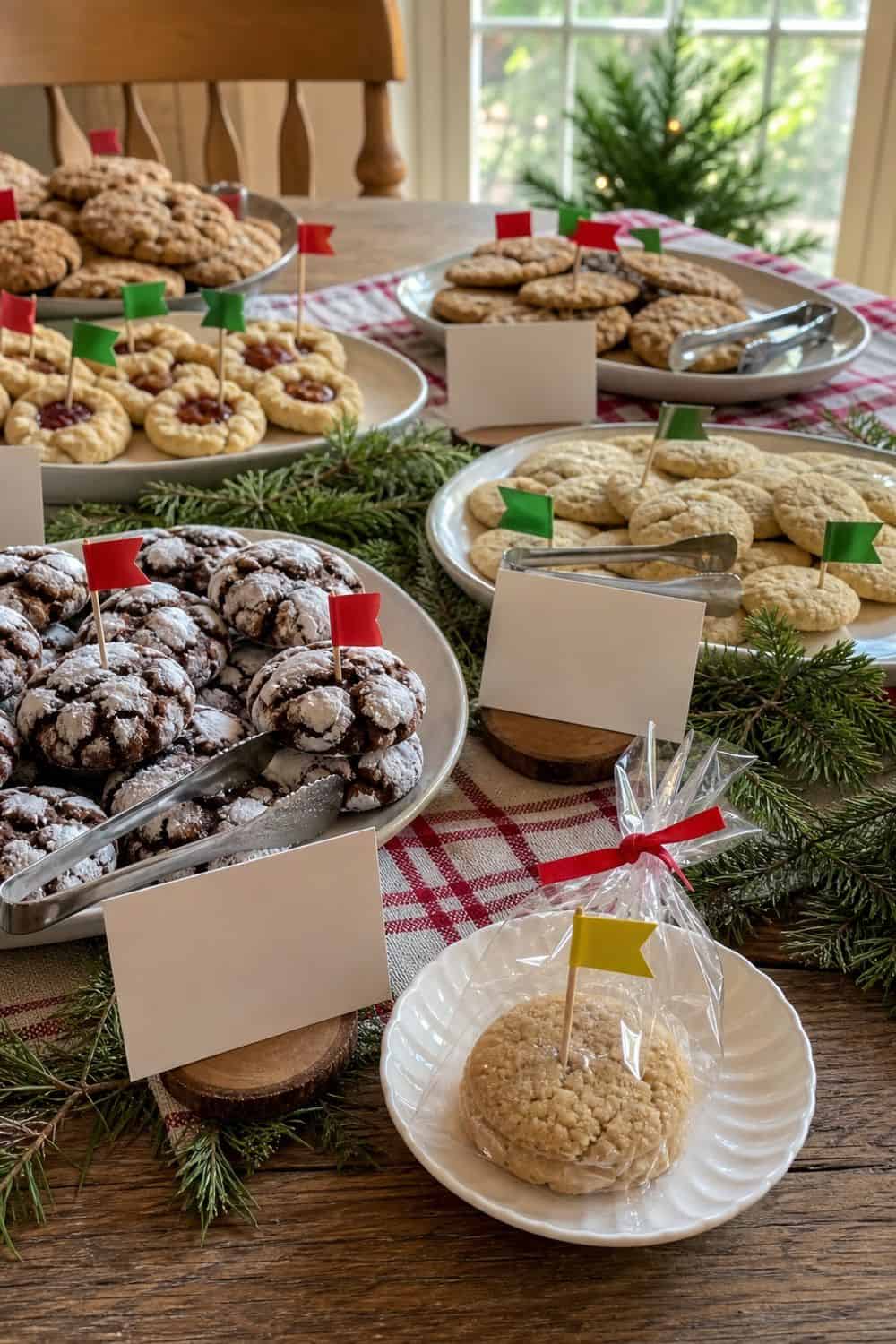 25 Christmas Cookie Party Hosting Ideas for Easy Hosting Allergy Flags for Nuts and Gluten setup for a Christmas cookie party hosting table