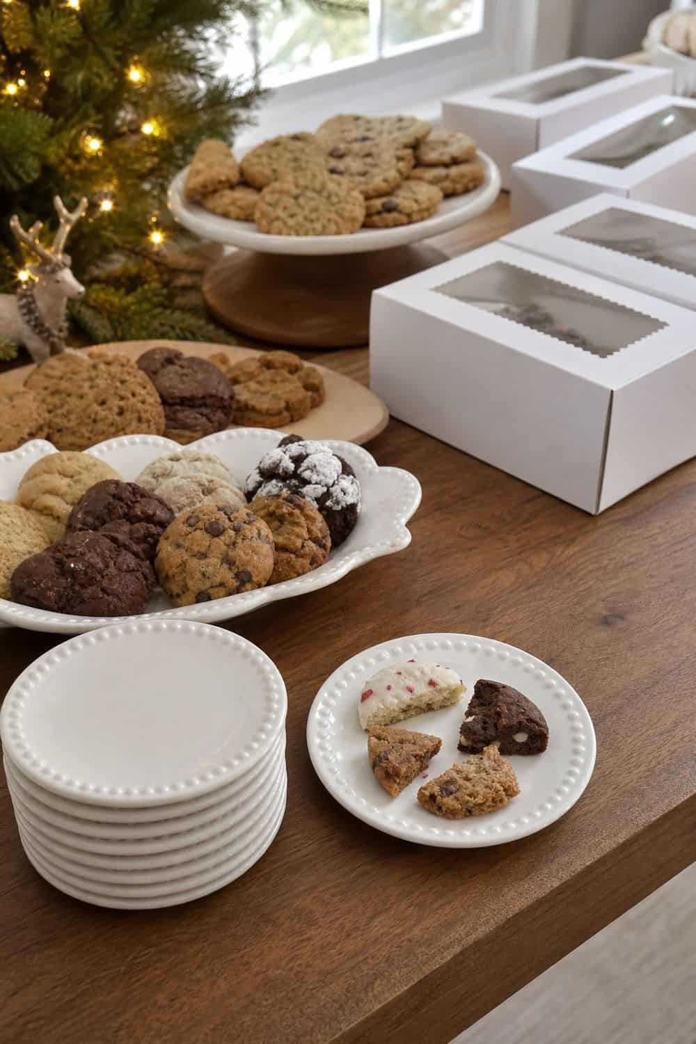 25 Christmas Cookie Party Hosting Ideas for Easy Hosting Sampling Plates Before Full Cookie Boxes setup for a Christmas cookie party hosting table
