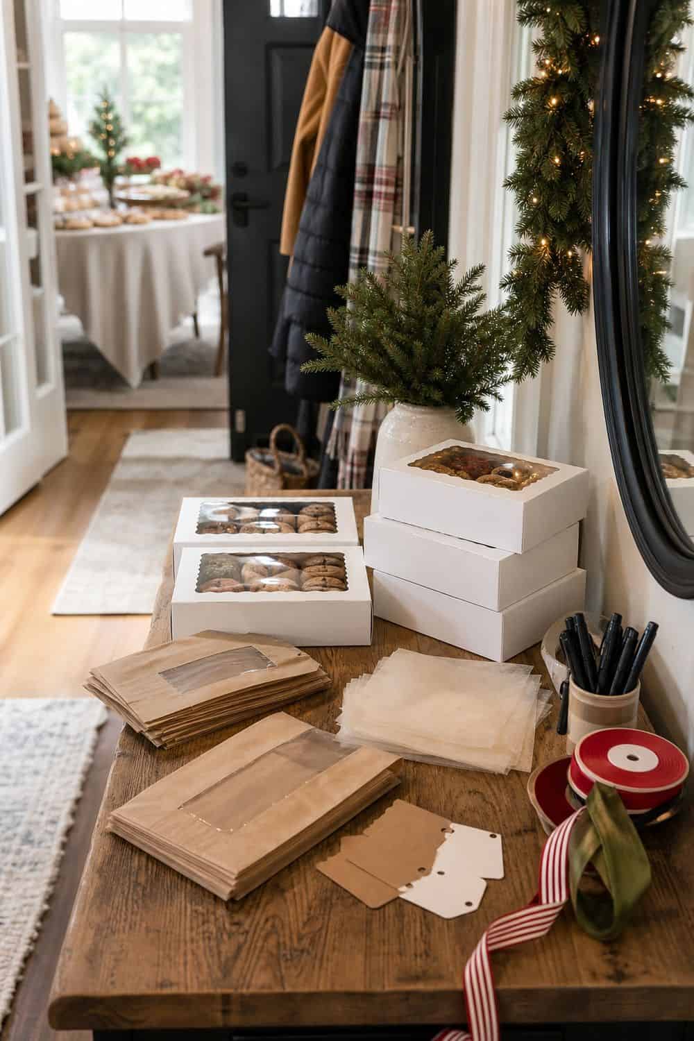 25 Christmas Cookie Party Hosting Ideas for Easy Hosting Packaging Near the Exit setup for a Christmas cookie party hosting table
