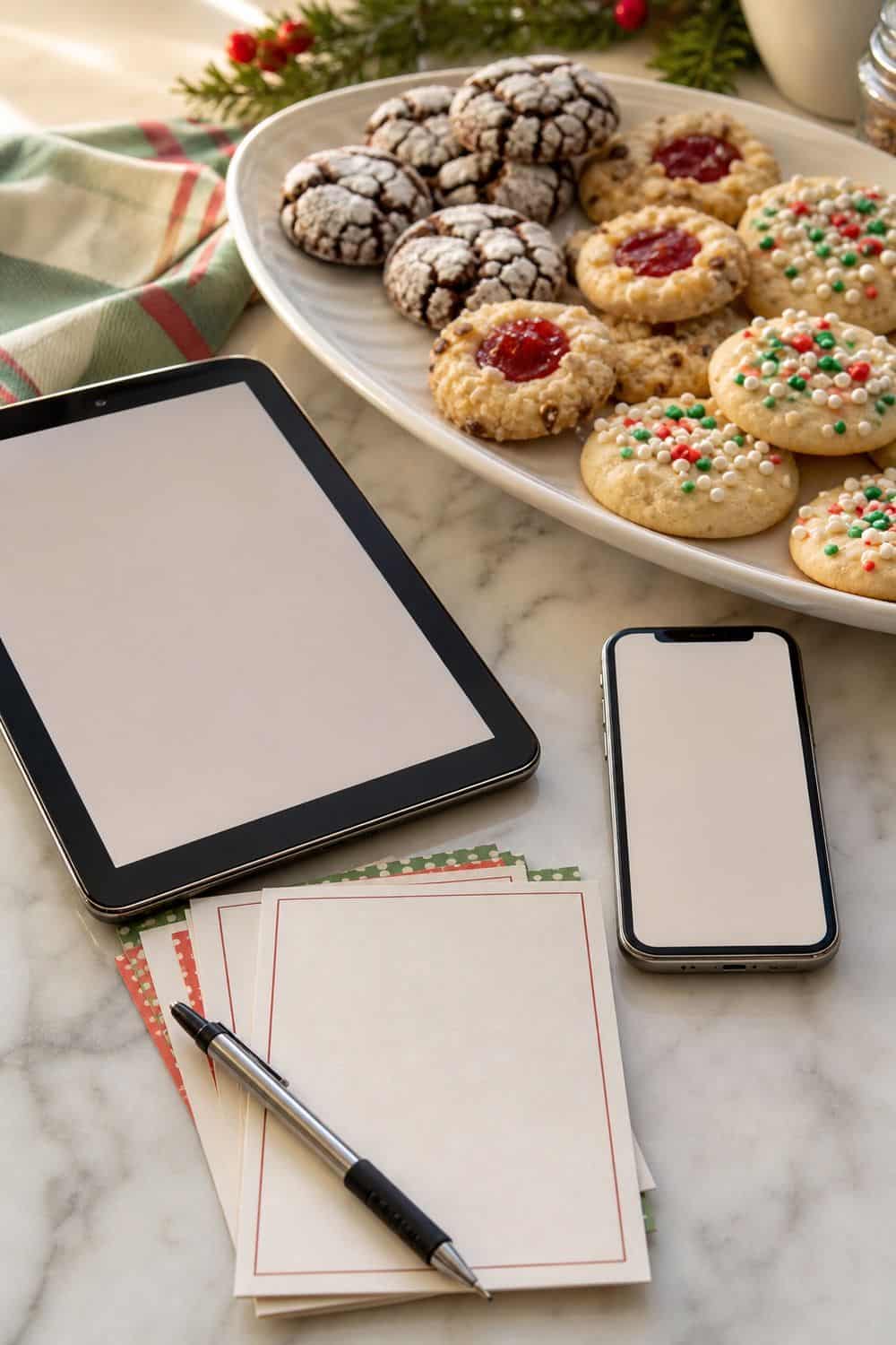 25 Christmas Cookie Party Hosting Ideas for Easy Hosting Digital Recipe Sharing setup for a Christmas cookie party hosting table