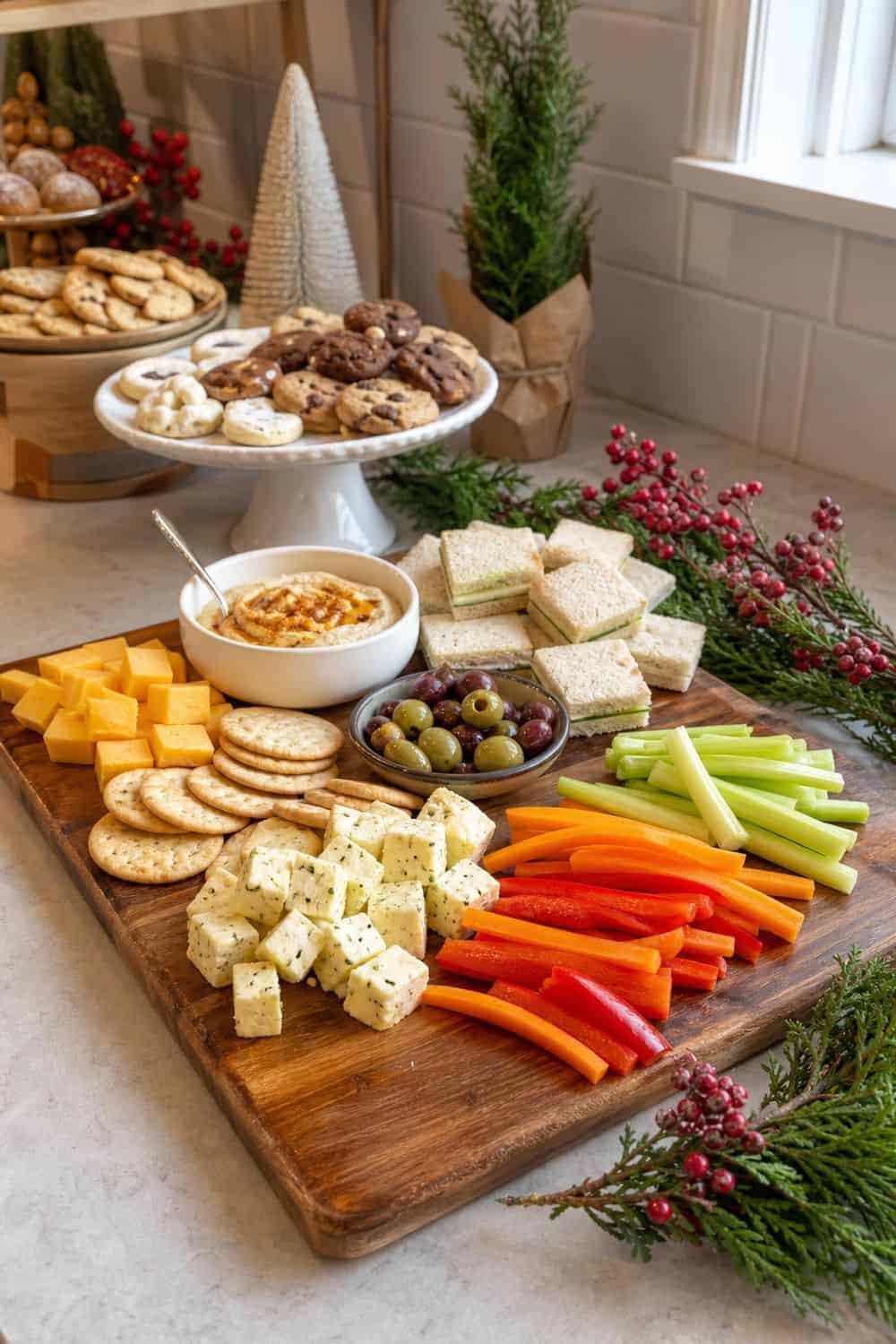 25 Christmas Cookie Party Hosting Ideas for Easy Hosting One Savory Snack Board setup for a Christmas cookie party hosting table