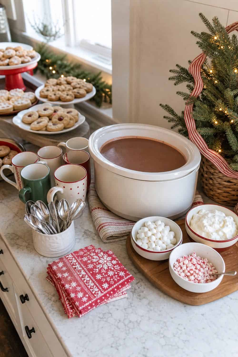 25 Christmas Cookie Party Hosting Ideas for Easy Hosting Hot Chocolate Beside the Cookie Table setup for a Christmas cookie party hosting table