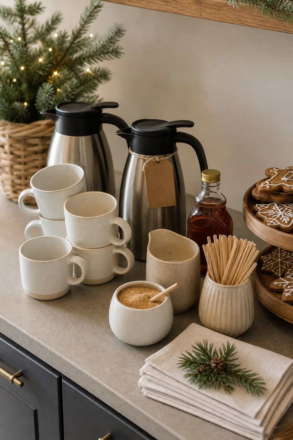 25 Christmas Cookie Party Hosting Ideas for Easy Hosting Coffee or Gingerbread Lattes setup for a Christmas cookie party hosting table
