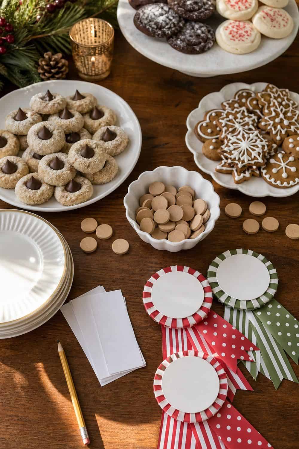 25 Christmas Cookie Party Hosting Ideas for Easy Hosting Simple Cookie Award Voting setup for a Christmas cookie party hosting table