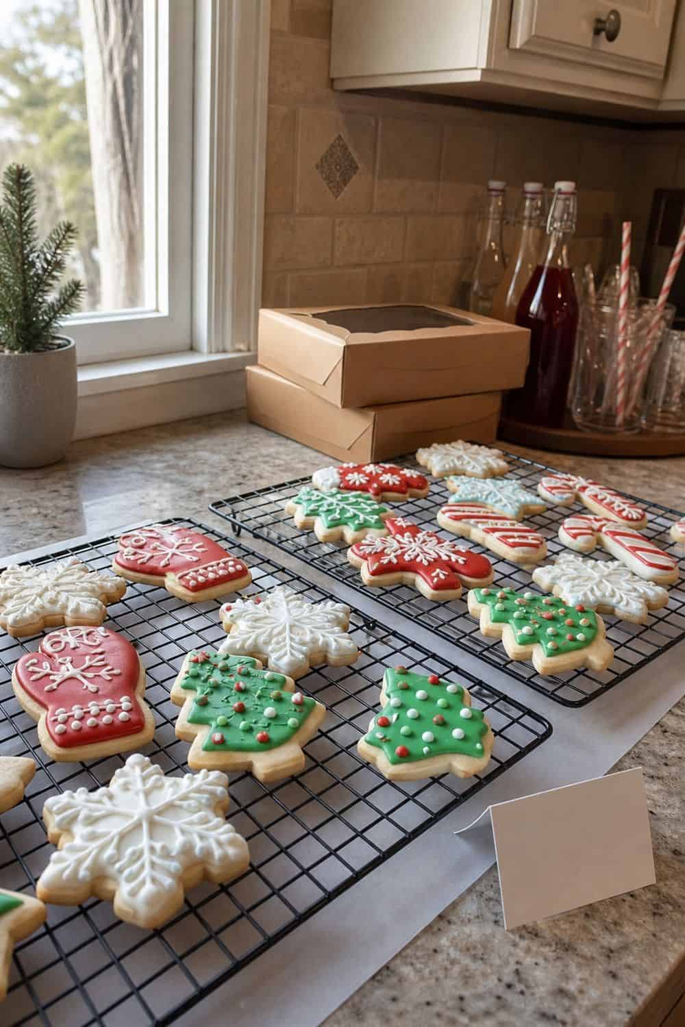 25 Christmas Cookie Party Hosting Ideas for Easy Hosting Wire Racks for Drying Decorated Cookies setup for a Christmas cookie party hosting table