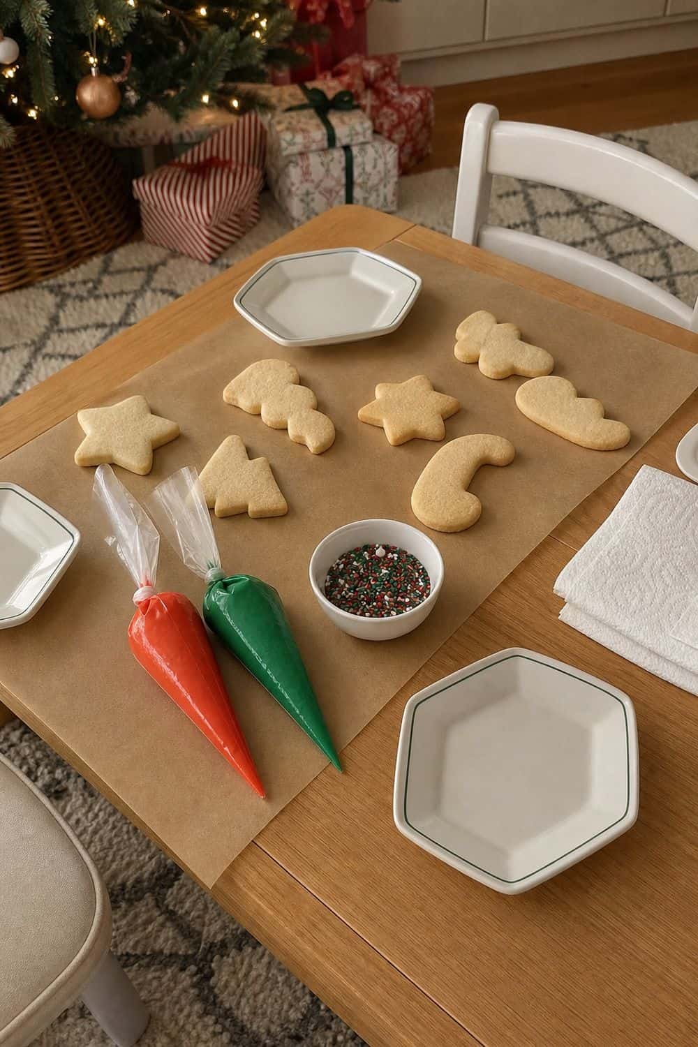 25 Christmas Cookie Party Hosting Ideas for Easy Hosting Simple Icing Colors for Kids setup for a Christmas cookie party hosting table