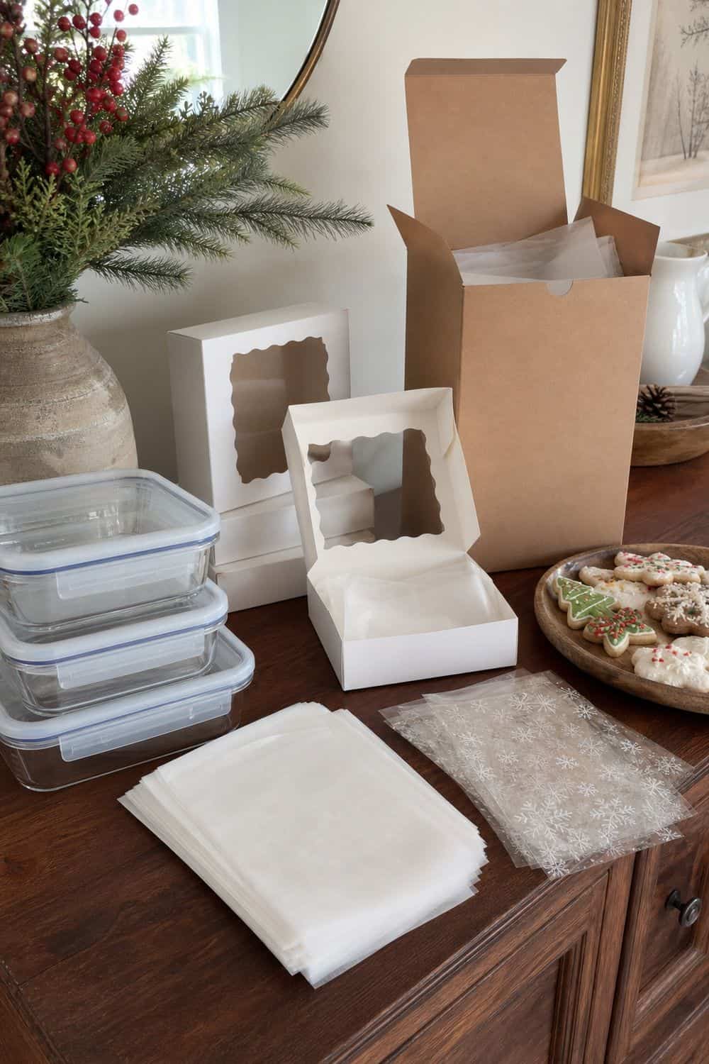 25 Christmas Cookie Party Hosting Ideas for Easy Hosting Backup Containers for Guests Who Forget setup for a Christmas cookie party hosting table