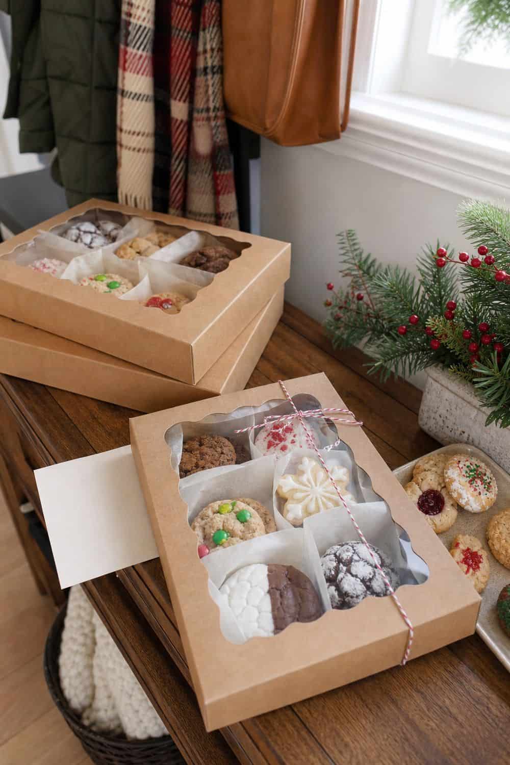 25 Christmas Cookie Party Hosting Ideas for Easy Hosting Mixed Cookie Boxes for the Ride Home setup for a Christmas cookie party hosting table