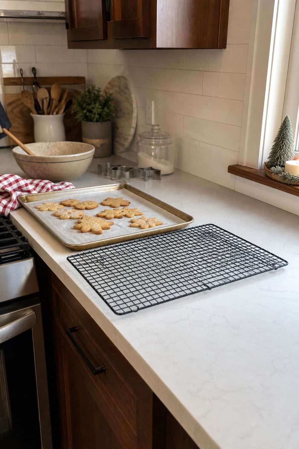 25 Christmas Kitchen Organization Ideas for Baking and Hosting christmas baking counter with a cooling-rack landing spot for Christmas kitchen organization.