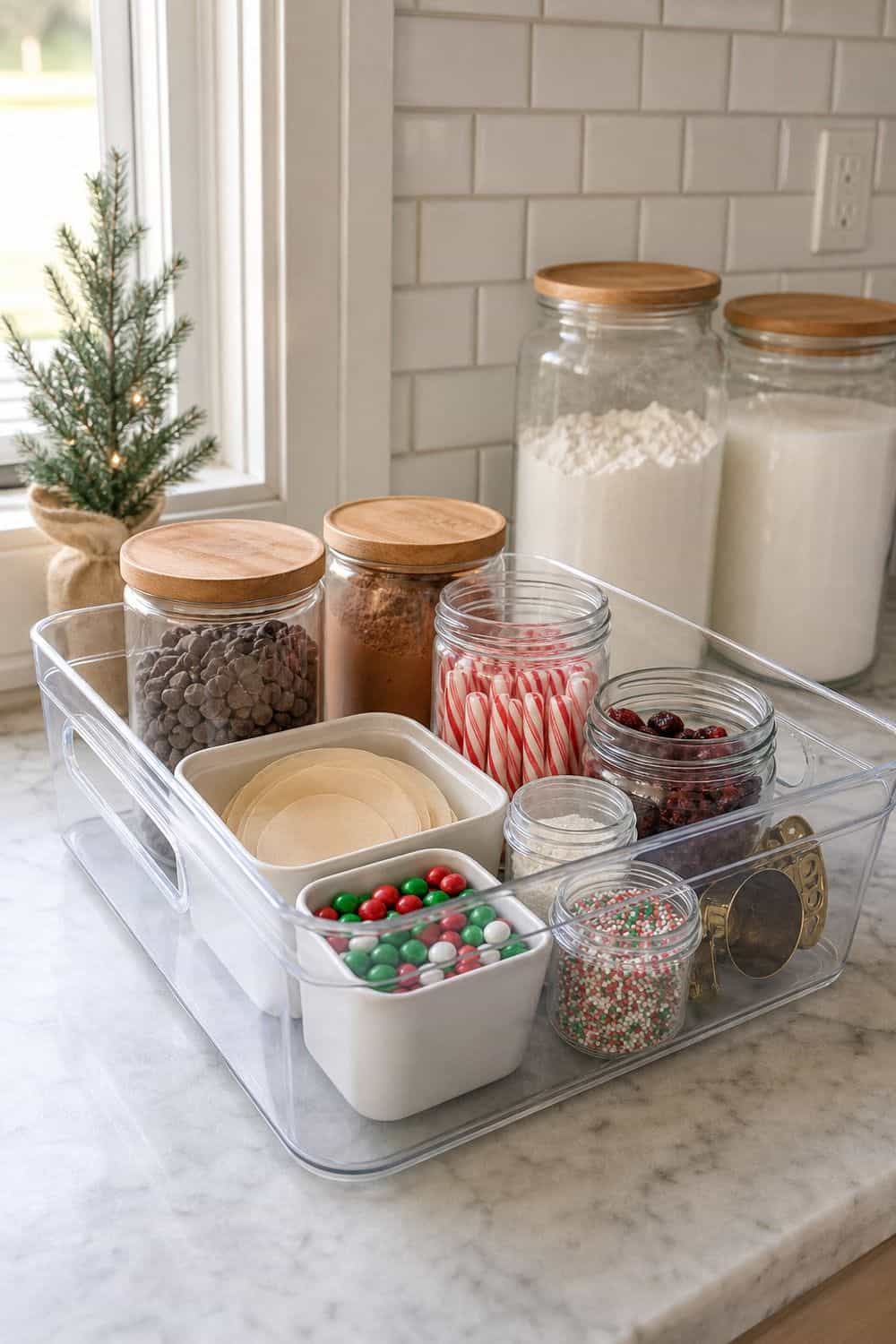 25 Christmas Kitchen Organization Ideas for Baking and Hosting holiday baking bin for seasonal add-ins for Christmas kitchen organization.