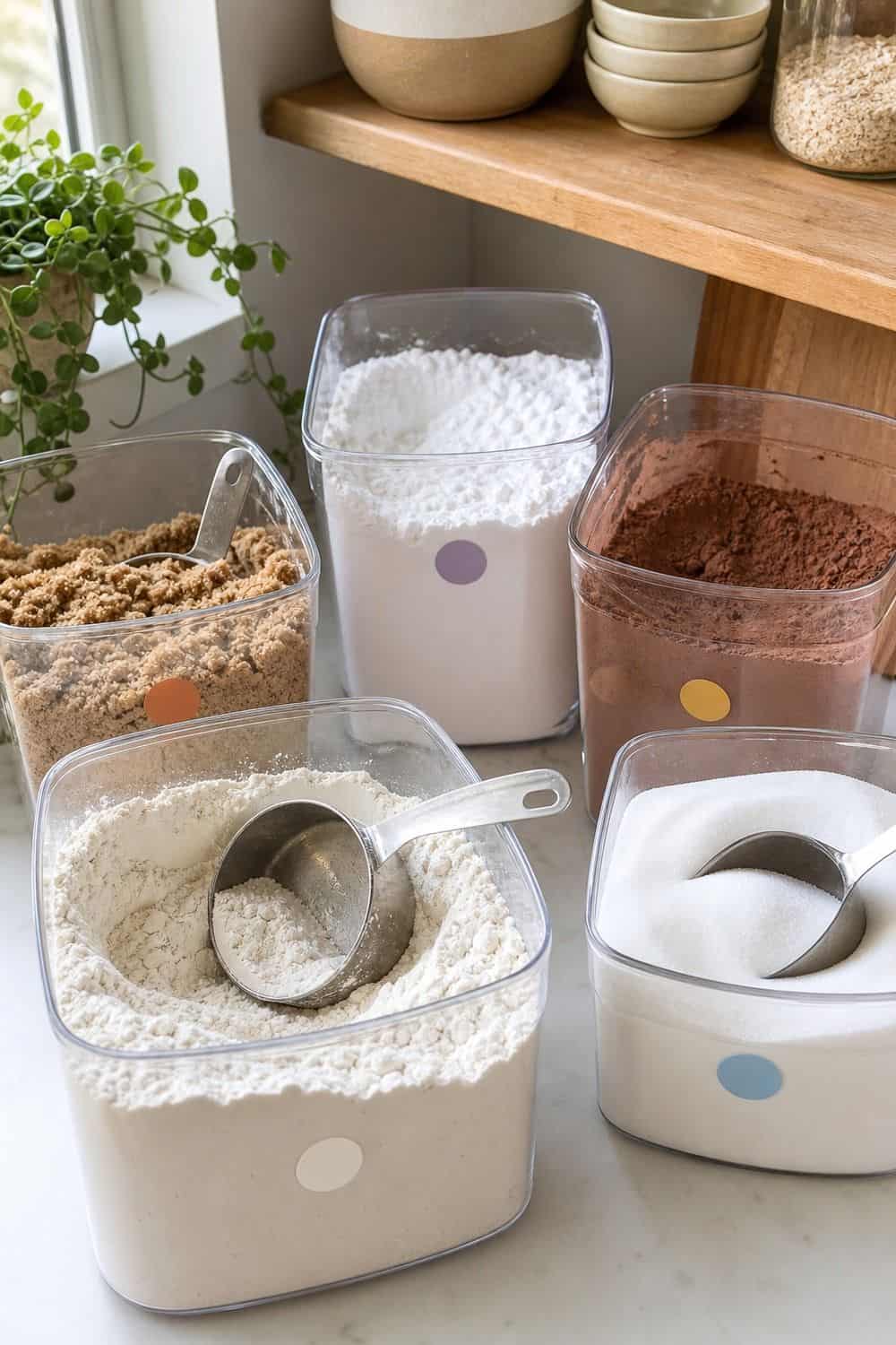 25 Christmas Kitchen Organization Ideas for Baking and Hosting baking staples in wide scoop-friendly containers for Christmas kitchen organization.