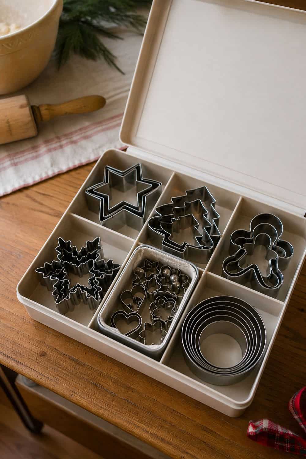 25 Christmas Kitchen Organization Ideas for Baking and Hosting cookie cutter box with shape groups inside for Christmas kitchen organization.